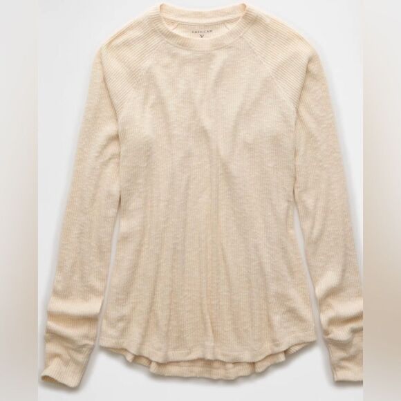 AE Heather Cream Crewneck Soft Plush Ribbed Long Sleeve Tee - Picture 5 of 16
